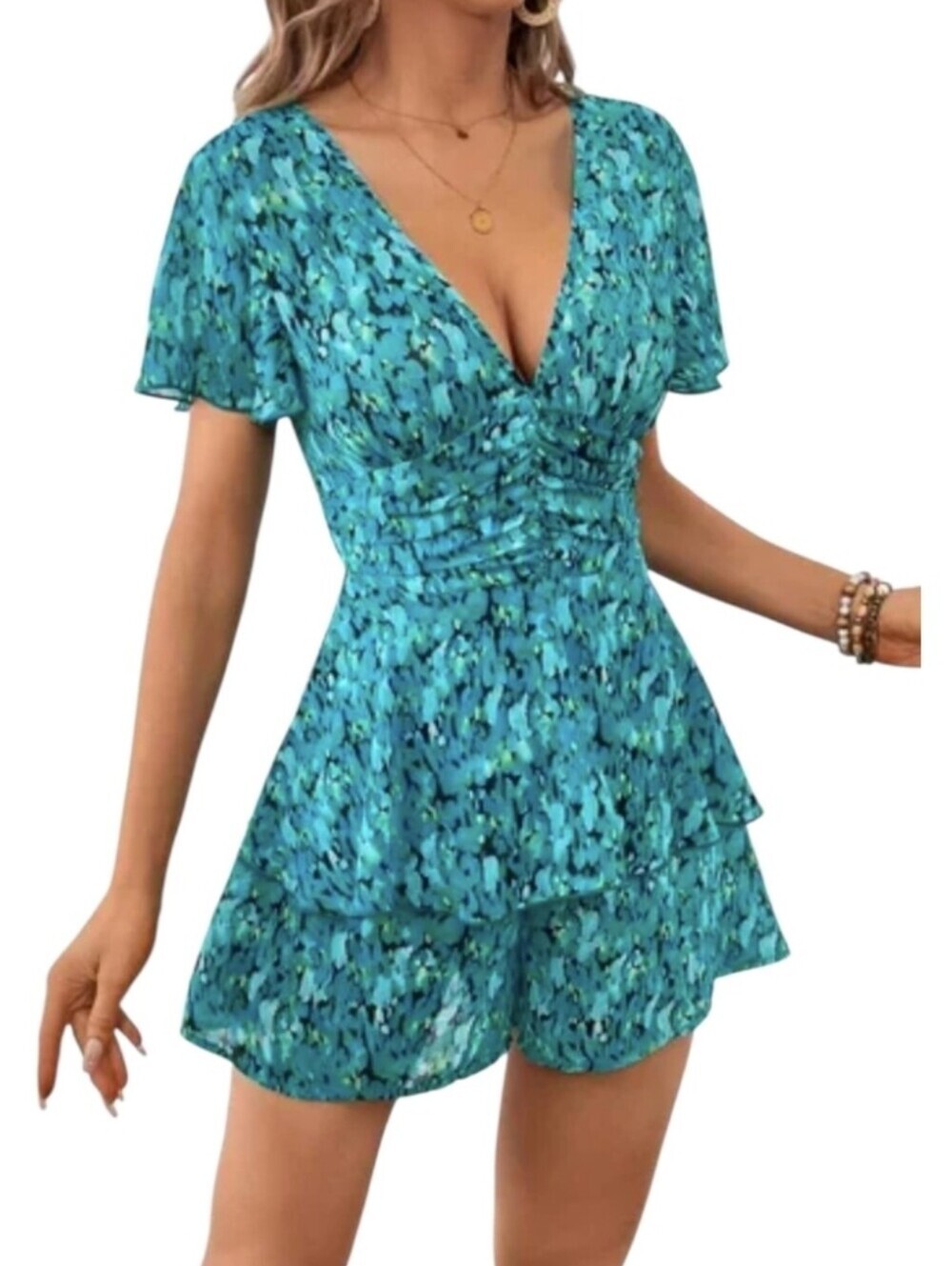 Blue Teal Patterned Romper